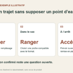 Schéma de préparation d’un trajet : confirmer le remplissage, prévoir un rangement, repérer le geste d’accès.