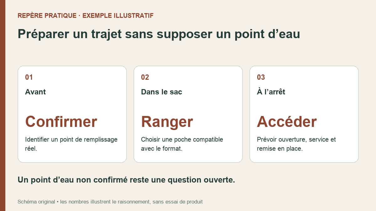 Schéma de préparation d’un trajet : confirmer le remplissage, prévoir un rangement, repérer le geste d’accès.