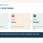 Schéma éditorial en trois étapes : Avant — Préparer: Repas et accessoires regroupés ; Pause — Servir: Geste et bouchon anticipés ; Après — Ranger: Refermer, trier, remettre en place. Conclusion : Préparer le panier selon le déroulé de la pause rend chaque manipulation plus claire.
